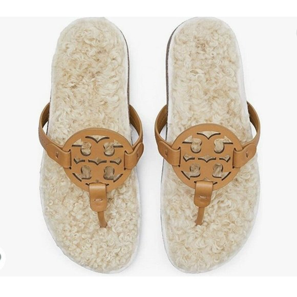 New Tory Burch MILLER CLOUD Cork Shearling Leather Sandals Caramel Size 5 ($268) - Picture 5 of 6